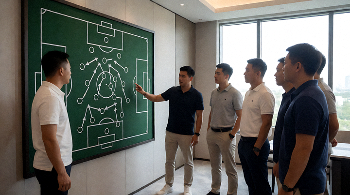 足球战术板与球场边线视角的战术布置示意画面